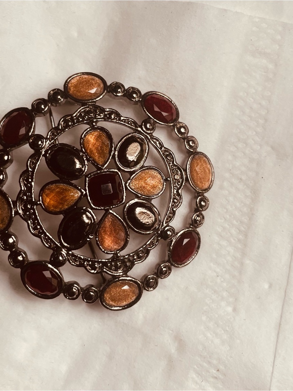 Gold-Tone Floral Brooch with Amber and Deep Red Stones